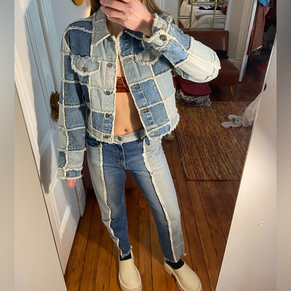 VTG Two piece Y2K denim patchwork jacket & jeans set